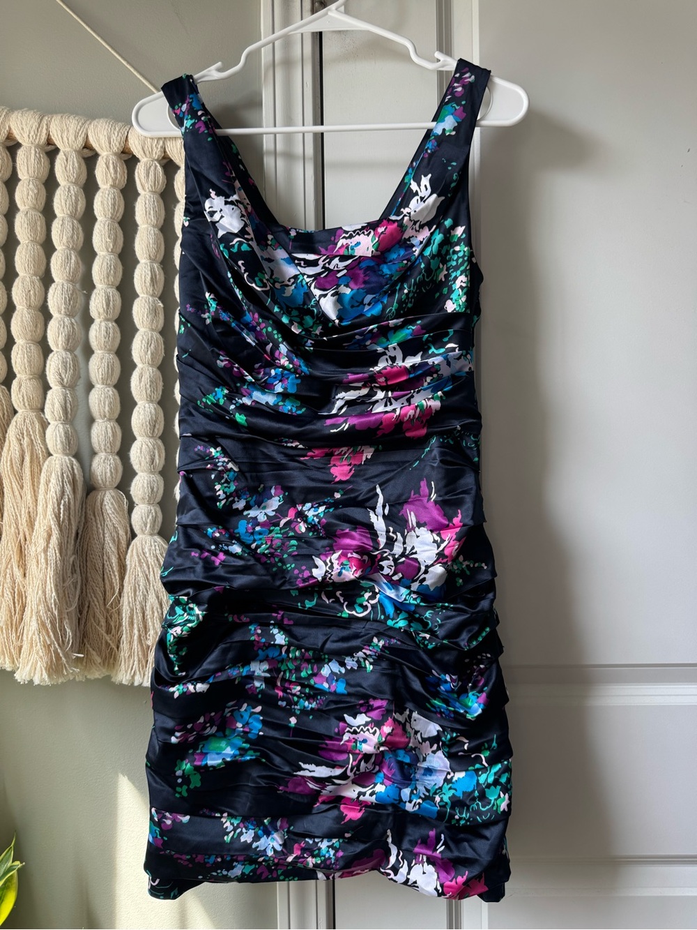 Y2K Express floral satin ruched mini dress navy size 4